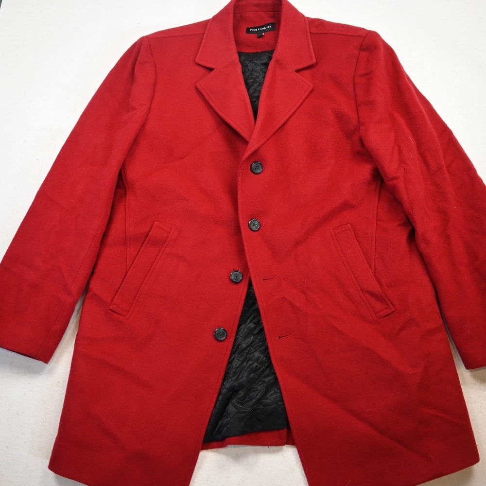 Paul Fredrick Large Mens Red 100% Wool Button Front Hip Length Overcoat Coat